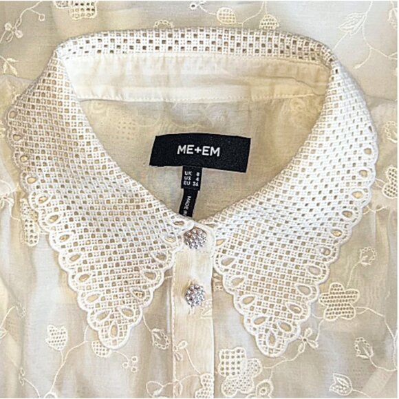 ME+EM Silk Cotton Organza Embroidered Collar Blouse White Size 4 Designer - Picture 6 of 14